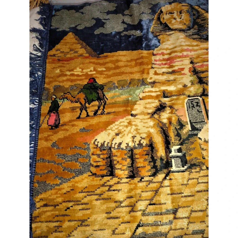 ​Vintage Large Velvet Egyptian Tapestry 59x39, Mid Century Sphinx Pyramids Camel